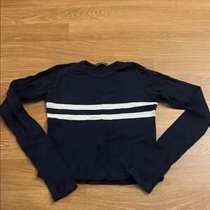 Brandy Melville Navy Long-Sleeve Crew with White Double Stripes